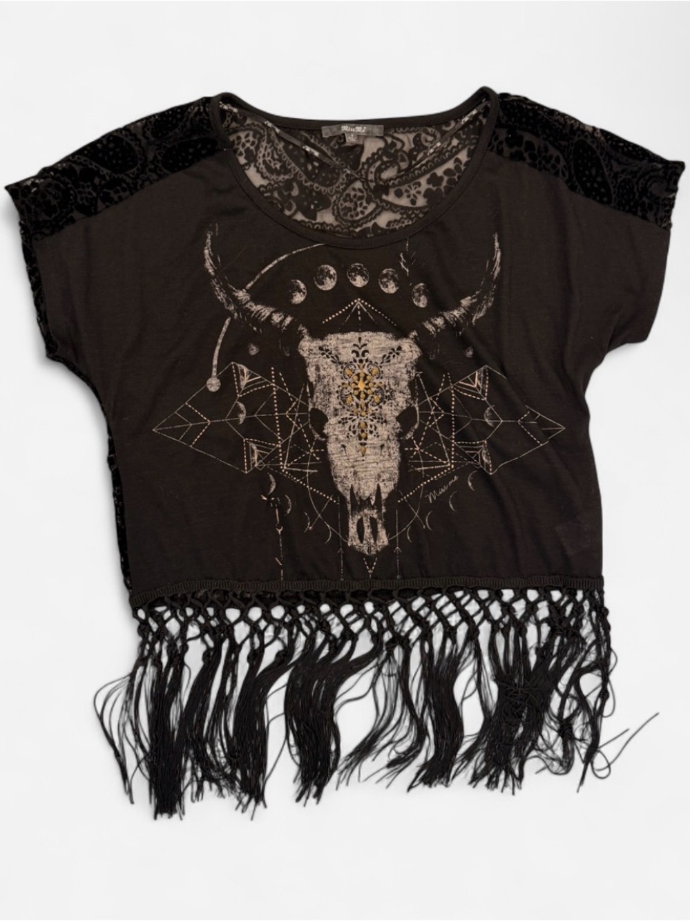 Miss Me Bull Skull Velvet Burnout Fringe Top Size Small Western Y2K